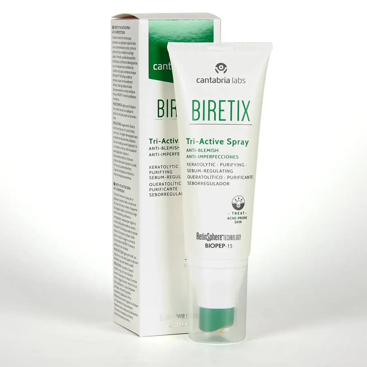 Cantabria Labs. BIRETIX Tri Active Spray. Kolmetoimeline sprei seljale, õlgadele ja dekolteele akne vastu 100ml